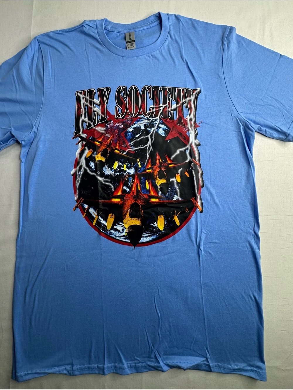 Gildan Sky Blue Graphic 'Fly Society' Aviation Tee with Red & Yellow Accents